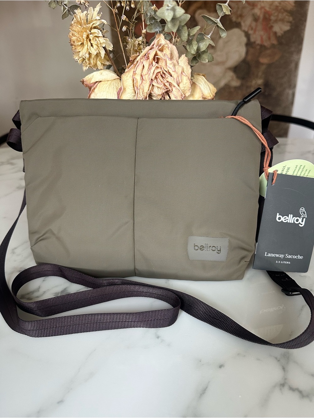 Bellroy Olive Green Laneway Sacoche with Dark Brown Strap